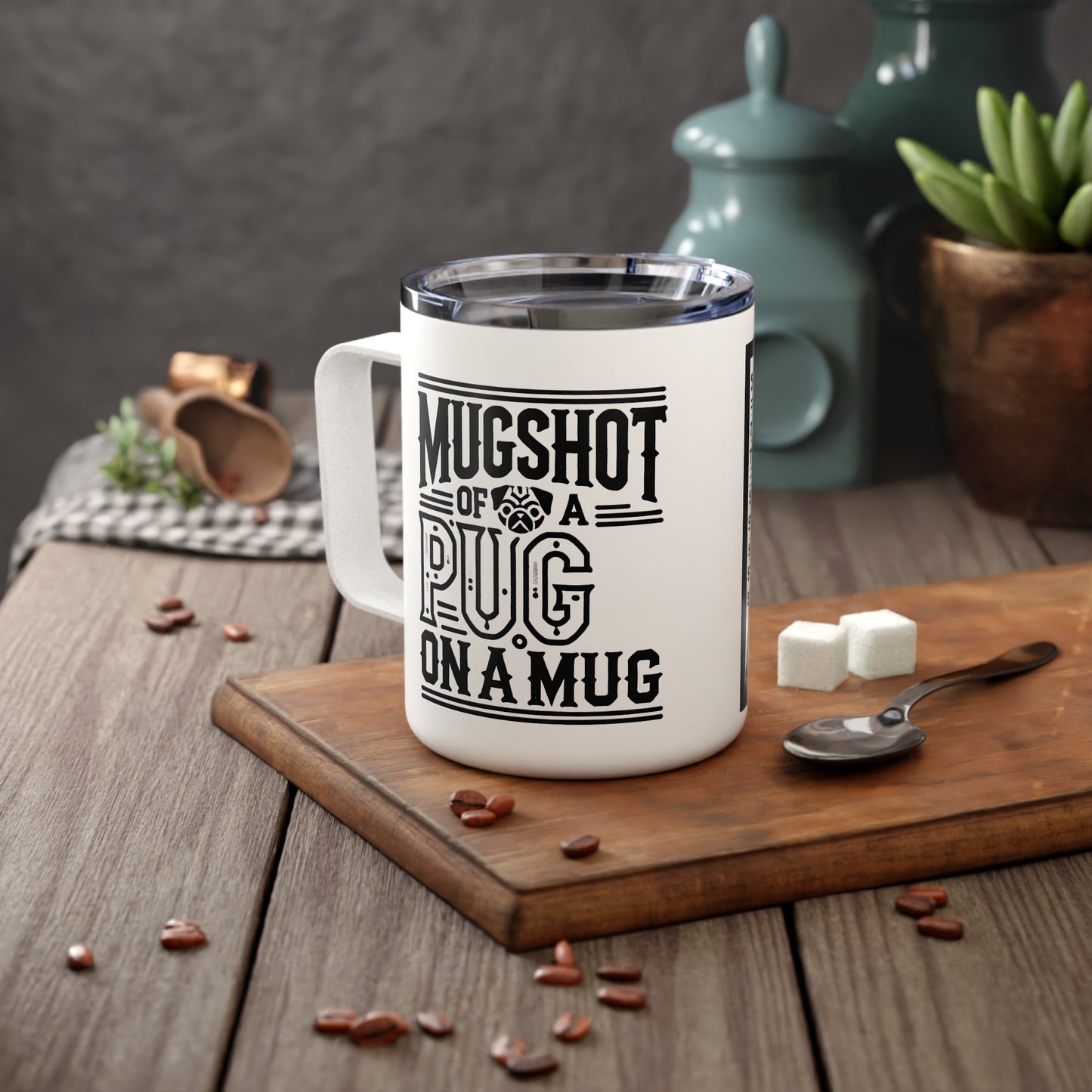 Funny Insulated Coffee Mug - Pug Mugshot Mug, 10oz