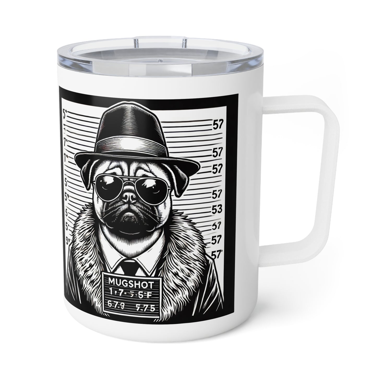 Funny Insulated Coffee Mug - Pug Mugshot Mug, 10oz