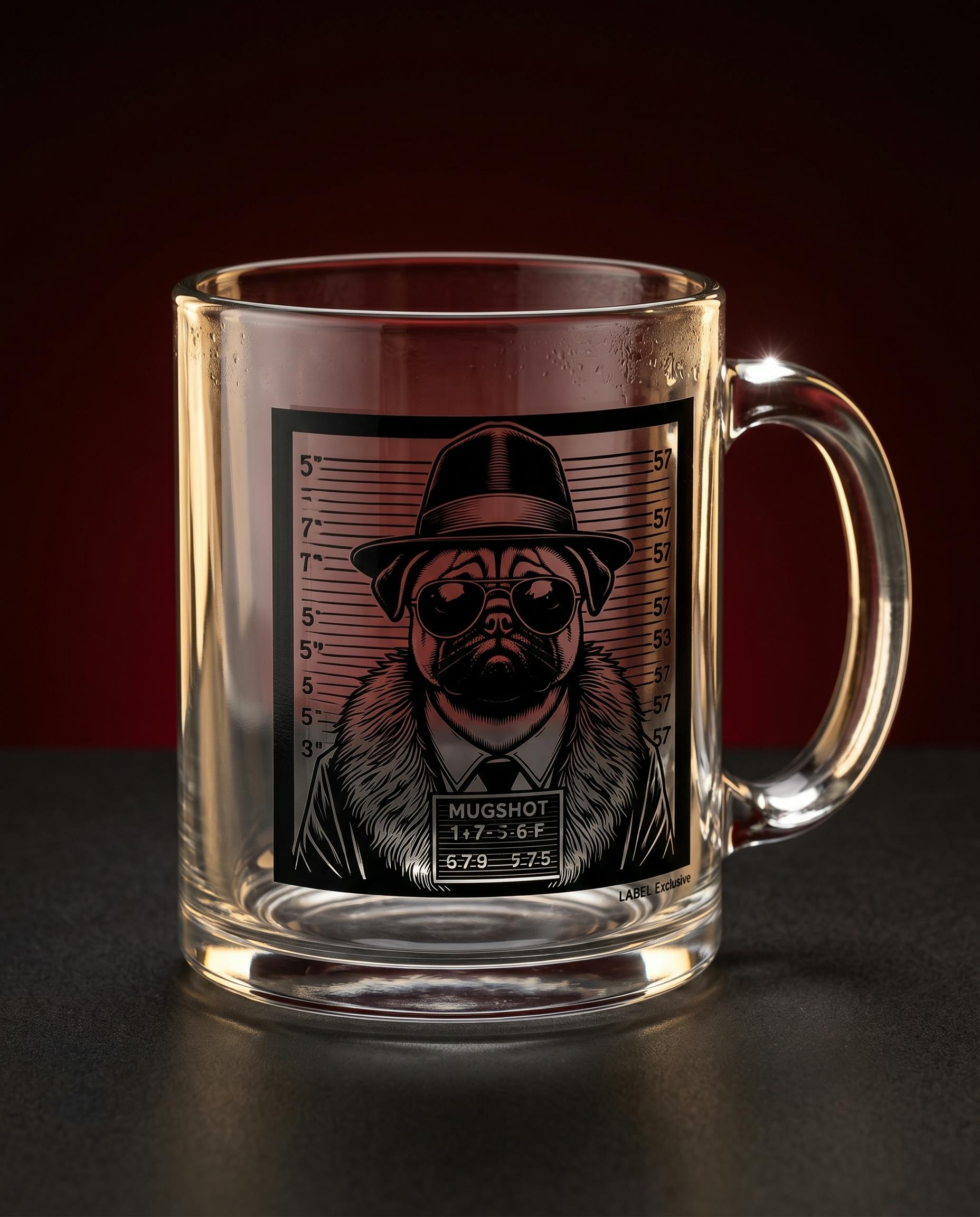 Pug Mugshot — Clear Glass Mug, 10oz