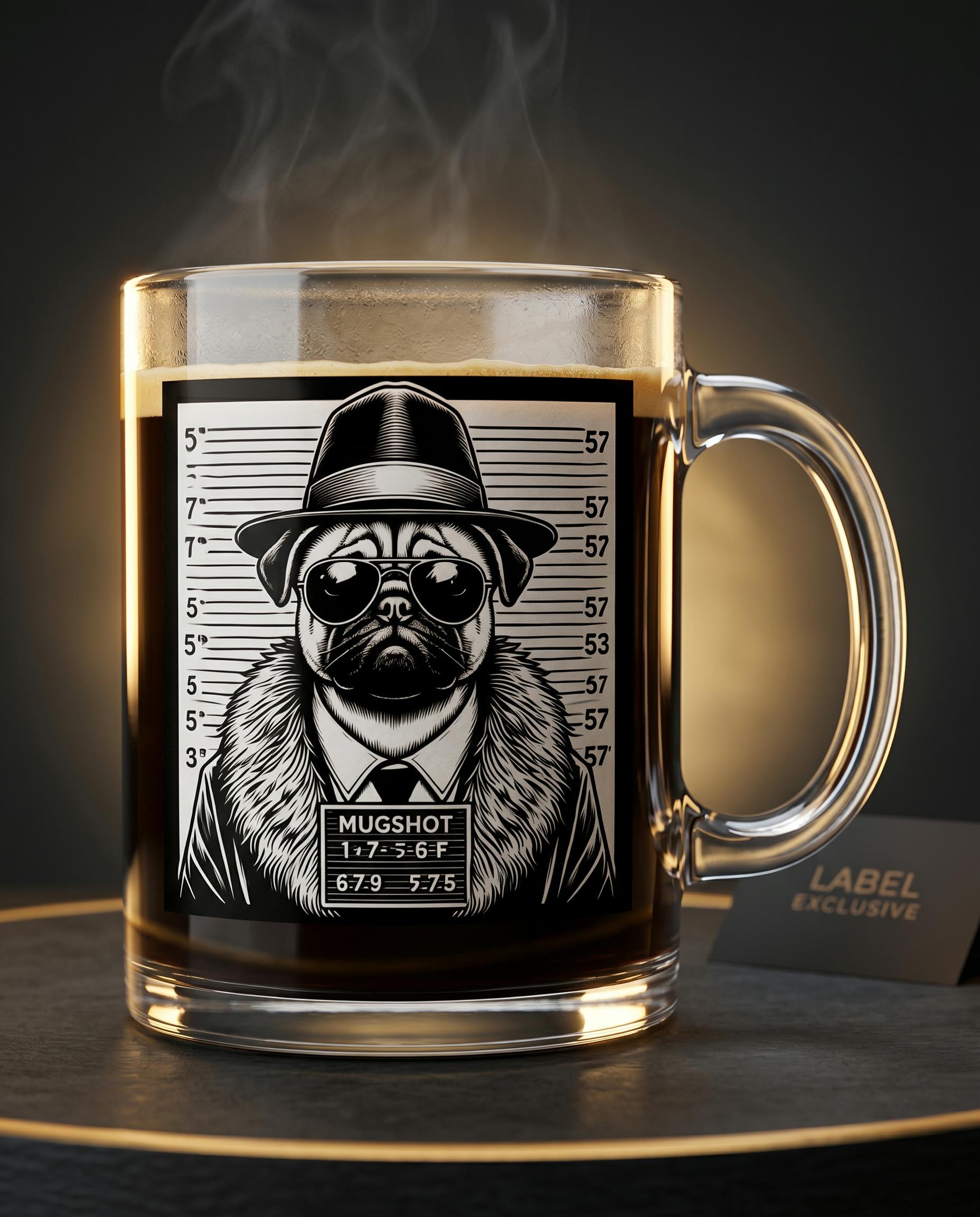 Pug Mugshot — Clear Glass Mug, 10oz