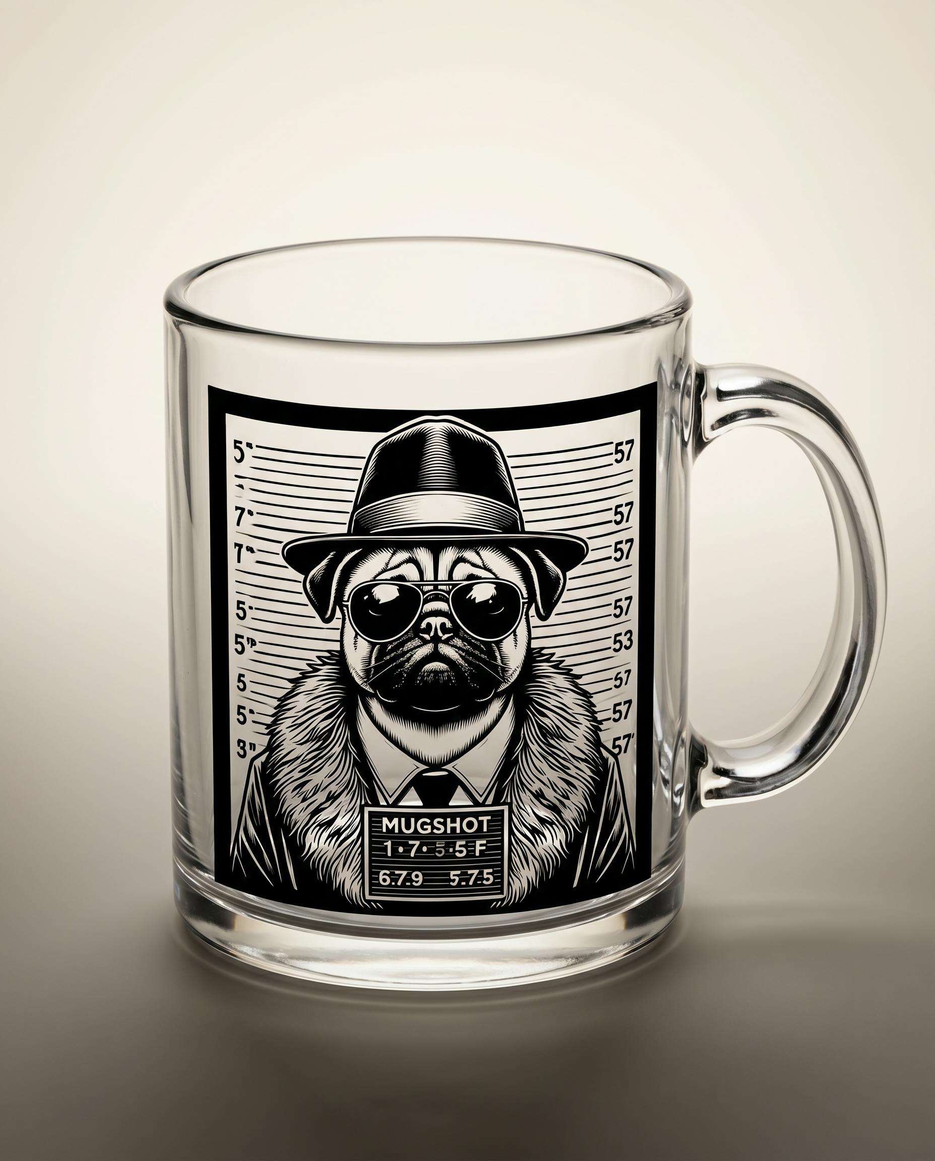 Pug Mugshot — Clear Glass Mug, 10oz