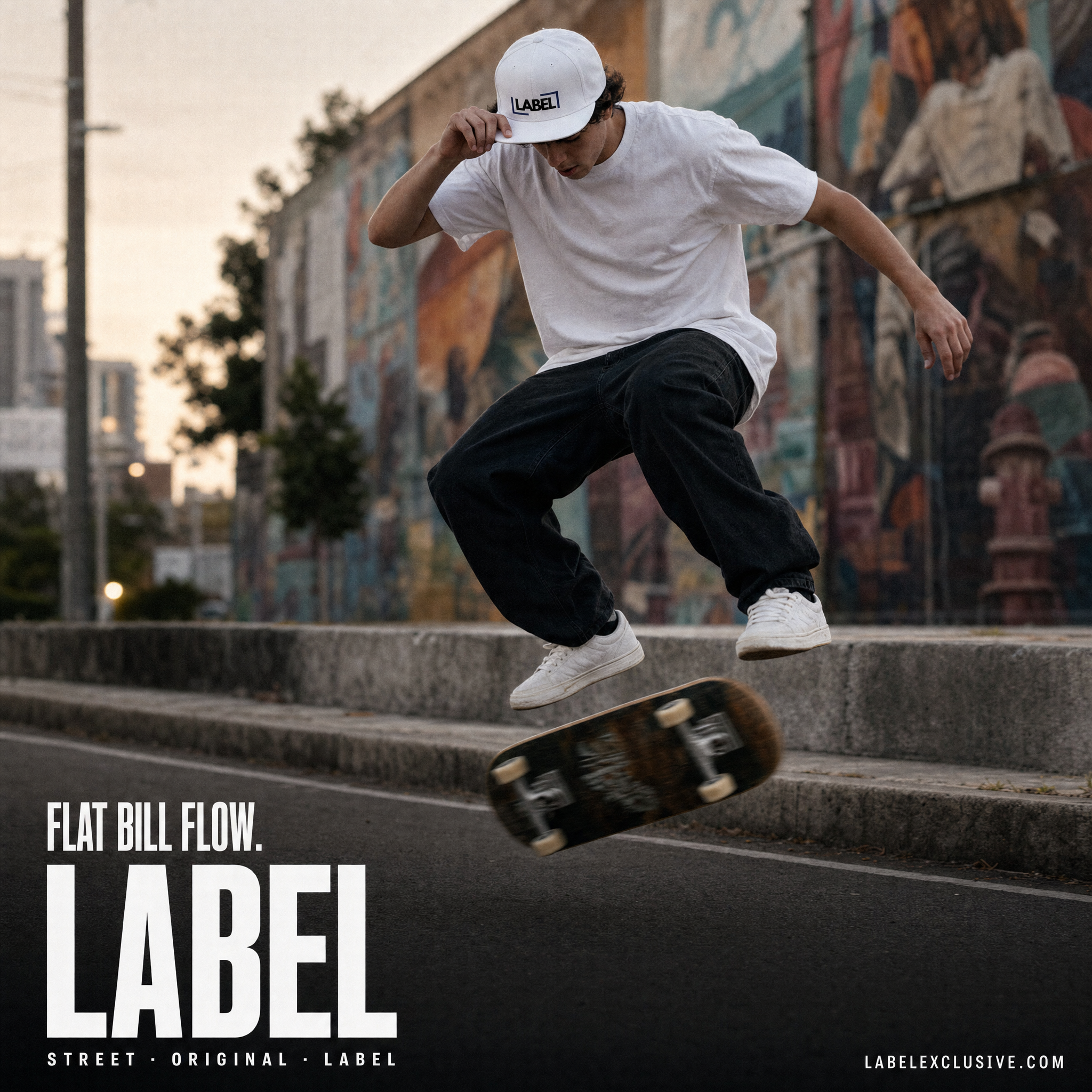 Flat Bill Flow — kickflip in the white LABEL snapback